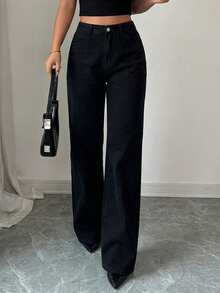 Women's Casual Long Wide-Leg Jeans With Zipper Pockets And Button Details, Made Of Non-Stretch Fabric, Suitable For Daily Wear - Black - View 2