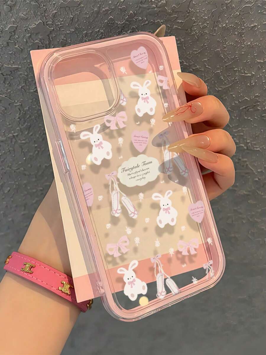 1pc Fashionable Rabbit Heart Bowknot Pattern Personalized Frame Transparent Anti-Drop TPU Full Coverage Phone Protective Case, Compatible With Iphone 11 12 13 14 15 16 17 Pro Max, Great Gift For Friends - Multicolor - View 1