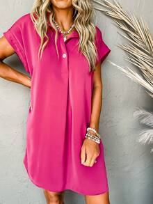 Acelitt Women's Casual Loose Pleated Button-Up Shirt Dress, Pure Rose Red, Suitable For Summer Daily Wear - Rose Red - View 5