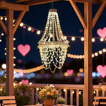 HUYIENO Solar Hanging Crystal Chandelier Outdoor Garden Decorative Lights Powerful Lithium Battery 54 Warm White LEDs Waterproof Hanging Lantern For Garden, Yard, Patio, Gazebo, Party, Wedding 2 Tier