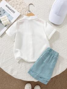 Boys' Summer Short Sleeve Collared Shirt Set, Polyester, Casual Daily Wear, Comfortable & Fashionable For School & Various Occasions - Multicolor - View 5