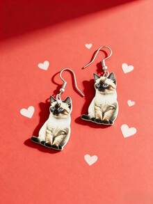 2D平面可爱暹罗猫亚克力吊坠耳环 - 可爱的派对配饰，送给爱猫人士的完美礼物，圣诞节和感恩节的理想之选，可爱耳环 - 彩色 - 查看 2