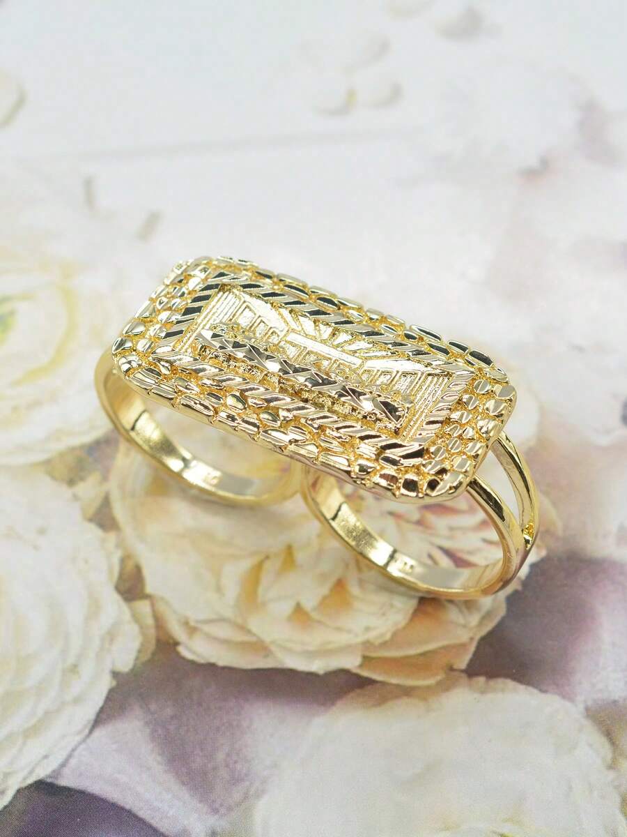 1枚时尚嘻哈风“最后的晚餐”双指戒指，镂空连指设计，适合男士日常佩戴和派对，是万圣节、圣诞节、复活节、送给男友的绝佳礼物。 - 金色 - 查看 1