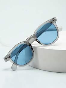 1pc Men's Oval Frame High-Quality Personalized Minimalist Fashion Glasses, Suitable For Casual, Holiday, Travel, Party, And Daily Wear - Gray Frame With Blue Piece - View 3