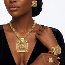 New Creative Exaggerated European-Style Fashionable New Product - Creative Geometric Shape Large Pendant European And American Style Metal Gold Color Casual Personalized Fashion Versatile Exaggerated Jewelry Set Adjustable Rope Length, Adjustable Ring Size - Wear It With Confidence - Necklace + Earrings + Ring + Bracelet - View 9
