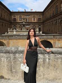 性感蕾丝拼布缎面露背系带派对连衣裙 - 黑色 - 查看 5