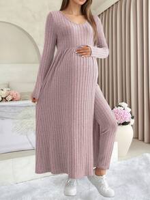 2pcs Maternity Casual Set, Pink/Light Pink Ribbed Long Sleeve V-Neck Slit Front Top With Belly Support Pants, Fashionable & Comfortable Maternity Nursing Wear Spring - Pink - View 6