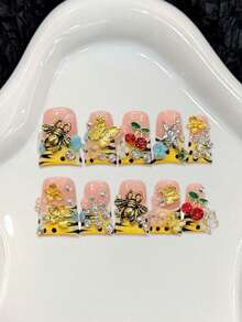 10Pcs Pink Yellow Fake Nails With Bees Butterflies Flower Rhinestone Design For Party Wedding Nail Supplies - Multicolor - View 1