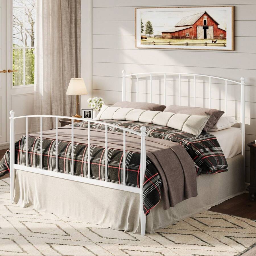 Allewie Full/Queen/King Size Bed Frame, Metal Platform Bed Frame With Arched Headboard & Footboard, Mid-Century Modern Style, Under Bed Storage, No Box Spring Needed, Easy Assembly, White - trắng - Xem 1