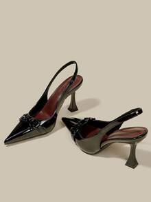 Women's Black Patent Leather Stiletto High Heel Pointed Toe Closed Toe Pumps, Elegant Formal Party Dress Shoes, Office Buckle Strap Backstrap High Heels - Black - View 4