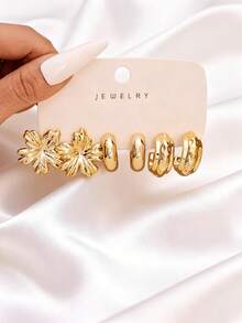 1 Set Fashionable Minimalist Geometric Pattern CCB Earrings Set, Suitable For Daily Wear - Yellow Gold - View 2