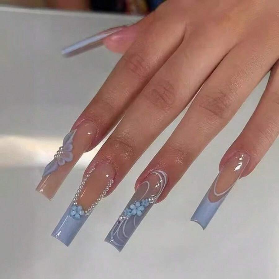 A Box Of 24 Pieces, Wearing Nail Blue Flower Pearl, Super Long Water Pipe, Fake Nail Engraving Manicure. - Màu xanh lam - Xem 1