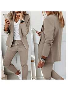 2pcs Women's Suit Set: Lapel Collar Jacket And Elastic Waist Pants