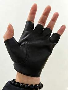 1 Pair Men's Street Dance Half Finger Leather Gloves, Suitable For Nightclub Pole Dancing, Dance Performances - Black - View 4