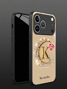 1pc Customizable Text & Letter Design Gold Crescent Moon Frame Rhinestone Studded Tempered Glass Phone Case, Compatible With Iphone 17 ProMax/17 Air/15/16 Pro/14 Plus/13 Pro/12 Pro Max/11/Xs Max/8/7/6 Plus, S24 Ultra/S25 Ultra, Redmi NOTE 13/14, Redmi K40, Mi 11, Fashionable Business Custom Gift For Family, Colleagues, Friends - Black - View 6