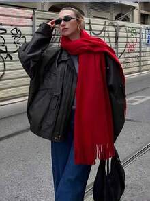 1pc Elegant Solid Color Tassel Wool Scarf For Women, Casual Windproof Shawl Suitable For Daily Wear, Autumn/Winter - Red - View 7