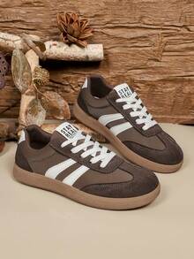 1双棕色拼接PU皮革系带女士休闲平底运动鞋，撞色设计，户外校园风，2026春季新款 - 棕色 - 查看 3