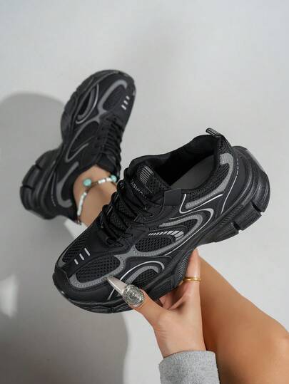 Women's Patchwork Multi-Function Sports Chunky Sneakers, Mesh Breathable Round Toe Thick Bottom Lace-Up Wedge Heel Casual Shoes, Rubber Sole Non-Slip Wear-Resistant Lightweight Versatile Running Shoes For Daily Casual Wear