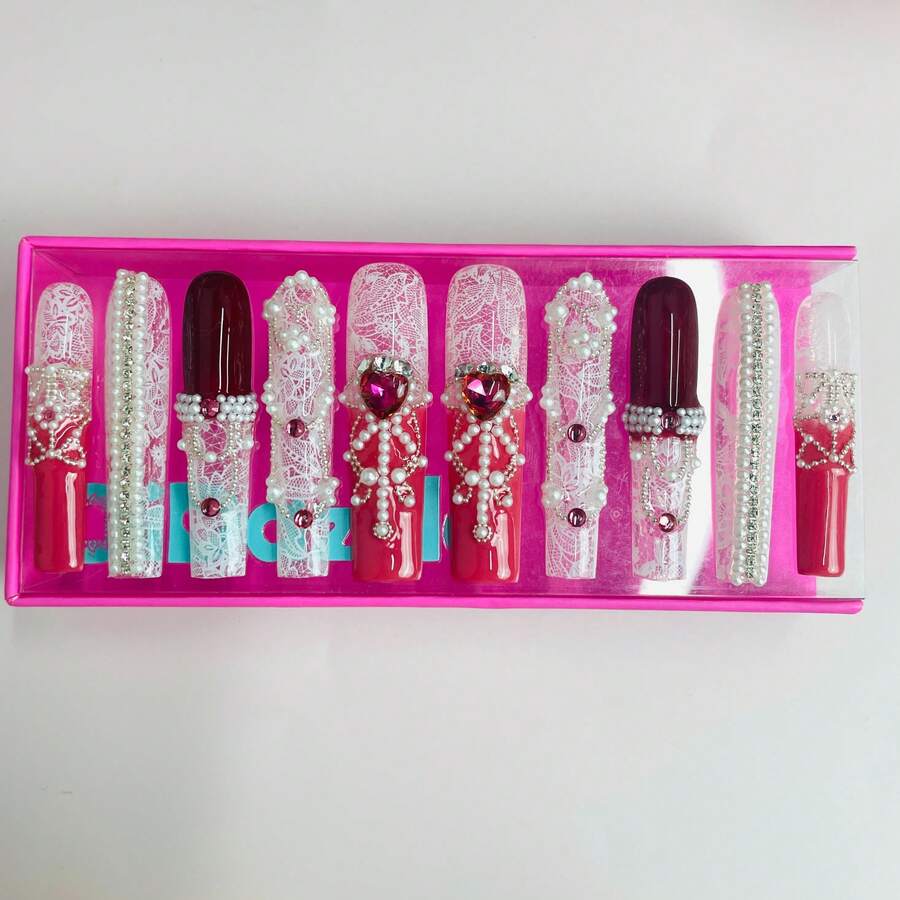 NailLush 10 PCS Handmade Square Press-On Nails(2.1inch)| Lace Pearl Gorgeous Style Rose Red Acrylic Nails, 3D Heart Gemstone Embellished (Tool Kit Included) - 玫瑰紅 - 查看 1