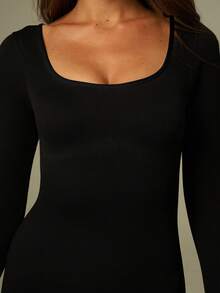 UONNOU Jumpsuit Olahraga Bergaris Pengangkat Bokong Bentuk Buah Persik, Bodysuit Yoga Lengan Panjang Leher Persegi untuk Musim Gugur dan Musim Dingin - Hitam - View 6