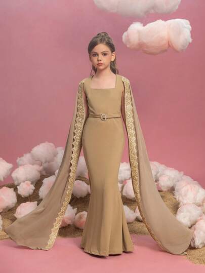  ALISA&LEO Elegant Square Neck Mermaid Girls Formal Gown With Lace Trim Cape Sleeves And Rhinestone Belt, Luxurious Floor-Length Junior Bridesmaid Evening Dress Perfect For Family Weddings, Formal Banquets, Prestigious Award Ceremonies, And High-End Birthday Galas.