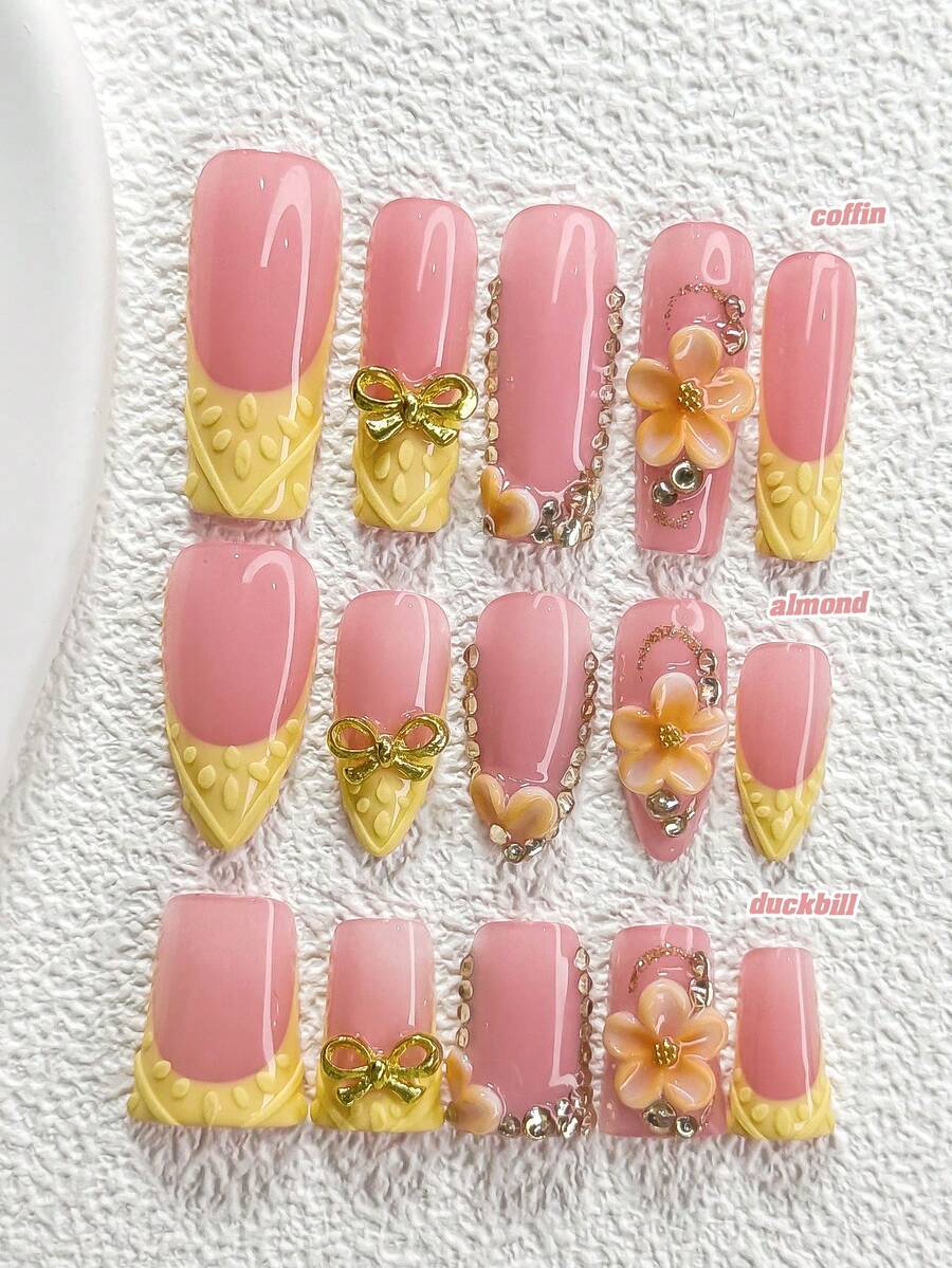 10pcs Bright Yellow Series Nail Stickers, Handmade Manicure Set, Gold Bow Nail Art Decor, Shiny Champagne Rhinestone Accents, Handmade Floral Art Decor, Yellow Textured Gel Nails, 3 Sizes Available: Almond, Duck Mouth, Coffin, Includes Tool Kit, Suitable For Women & Girls, Suitable For Parties, Celebrations, Birthdays, Daily Wear Nail Supplies - Multicolor - View 1