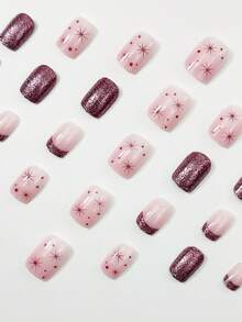 Instantly Upgrade Your Look With 24pcs Short Square Nail, Modern And Fashionable Nail Patch, Purple French Starry Polka Dot Fake Nail, Silver Glitter Decoration, Y2k Nail Set, Suitable For Office Women, Daily, Dating, Party, Holiday Nail Supplies Nails - Multicolor - View 3