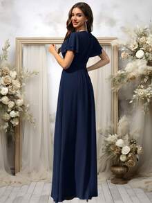 Volly Toych Elegant Modest Chiffon Maxi Bridesmaid Dress With Scoop Neck And Flounce Short Sleeves Draped Ruffle Classy Vacation Style - Navy Blue - View 2