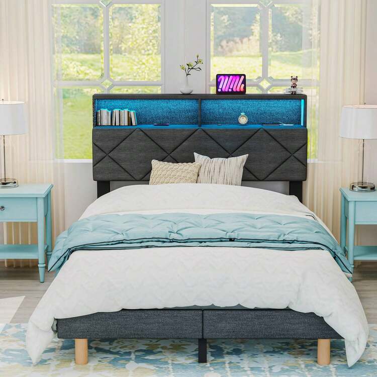 OYAJIA Polsterbett Boxspringbett 140x200cm Doppelbett , Einzelbett 90x200cm Bettgestell, Gästebett, mit LED-Leuchten, Lattenrost und Kopfteil aus Holz, Stauraumbett, Grau - Grau - Übersicht 7