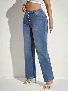 Plus Size Women's High Waist Jeans Button Fly Design High Waist Tummy Control Blue Straight Leg Jeans - 中等水洗藍 - 查看 4