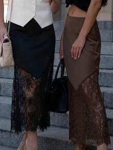 Elegant Women's Sexy Lace Patchwork Party Skirt, Fitted Waist Hollow Out Streetwear Skirt, Summer - Rỉ Nâu - Xem 6