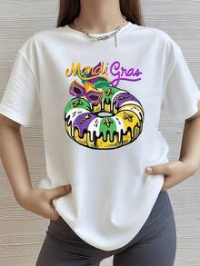 Corona dorada con máscara morada sobre rosca festiva en colores verde amarillo y púrpura evocando celebración Mardi Gras camiseta de mujer 100% algodón 220g - Blanco - Ver 8