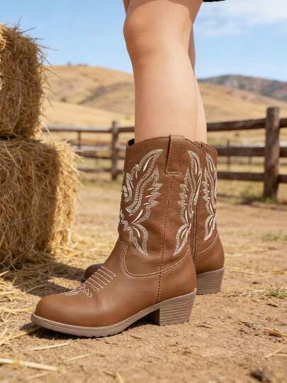 1pc Kids Embroidered Western Style Knee-High Boots, Pointed Toe Chunky Heel Side Zipper, Lightweight Mid-Calf Fashion Boots, Non-Slip Soft Sole Children's Performance Riding Boots, Toddler & Little Kid Costume Gift Boots