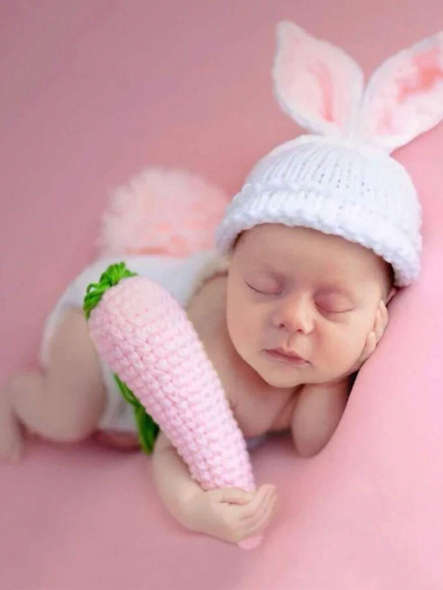 一套彩色兔子+胡萝卜手工钩织新生儿摄影道具服装，可爱婴儿礼物 - 彩色 - 查看 1