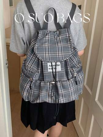 1pc Fashionable Plaid Multi-Pocket Nylon Casual Backpack, Waterproof Lightweight Foldable Drawstring Patch Letter Travel Bag