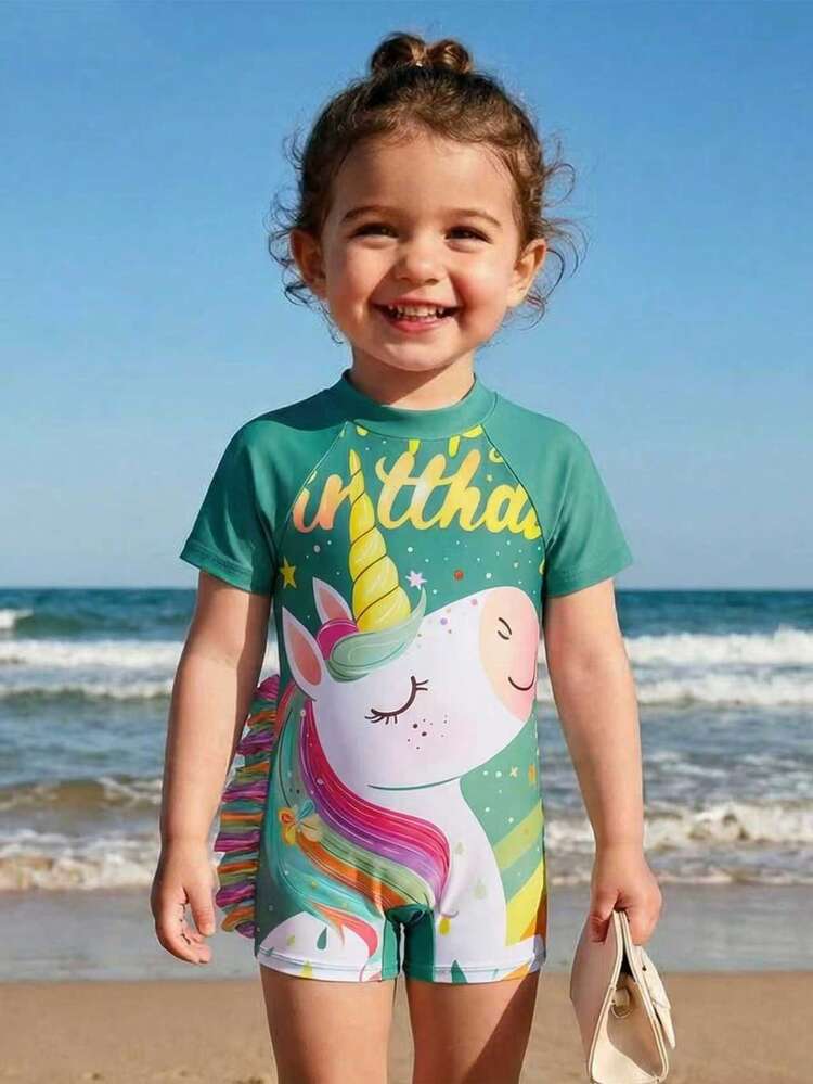 小女孩可爱卡通独角兽印花连体泳衣 - 橄欖綠 - 查看 7