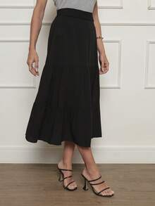 Three-Tiered Midi Skirt In Viscose Linen With Lining, Loose Fit, Spring/Summer. - màu đen - Xem 3