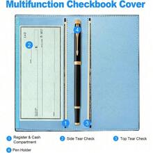 Premium Leather Checkbook Cover For Men And Women Checkbook Holder Wallet RFID Blocking - 天藍色的花 - 查看 2