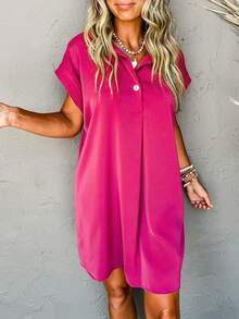 Acelitt Women's Casual Loose Pleated Button-Up Shirt Dress, Pure Rose Red, Suitable For Summer Daily Wear - Rose Red - View 3