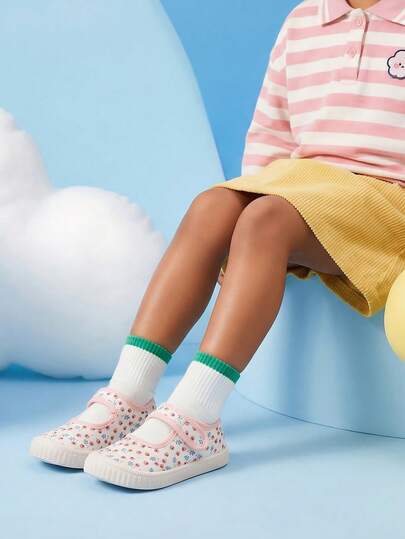 女童休闲运动鞋，儿童印花玛丽珍帆布鞋，透气轻便魔术贴软底舒适幼儿鞋