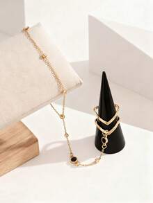 1pc Elegant Chain-Style 2-In-1 Double V Ring Bracelet, Bohemian Gold Chain With Black Faux Gemstone, Adjustable Wrist Cuff Bracelet Ring Set, Suitable For Women Wedding, Party, Travel - Gold - View 2