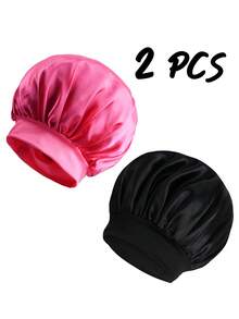 2Pcs Silk Bonnet For Sleeping, Satin Hair Bonnets, Soft Elastic Band Silk Sleep Cap, Silk Hair Wrap For Curly Hair - Hot Pink - View 6