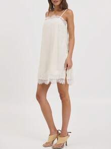 Women Lace Trim Satin Camisole Dress Silky Spaghetti Strap Square Collar Cami Flowy Asymmetrical Going Out Tank - White - View 1