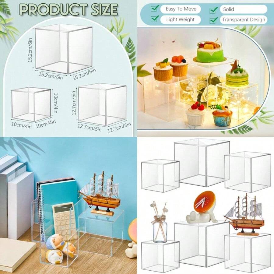 Kigley 6 Pcs Acrylic Boxes For Display 4''x4'' 5''x5'' 6''x6'' Small Square Clear Cube Nesting Riser Showcase Crystal Cupcake Stand Pedestal Organizer Base For Food Jewelry Display 5 Sides - 無色 - 查看 1