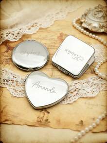 Personalized Engraved Heart-Shaped Makeup Mirror, Customized Silver Pocket Makeup Mirror, Can Be Engraved With Name, Perfect Bridesmaid, Wedding, Birthday And Anniversary Gift, Christmas Beauty Accessory - Multicolor - View 7