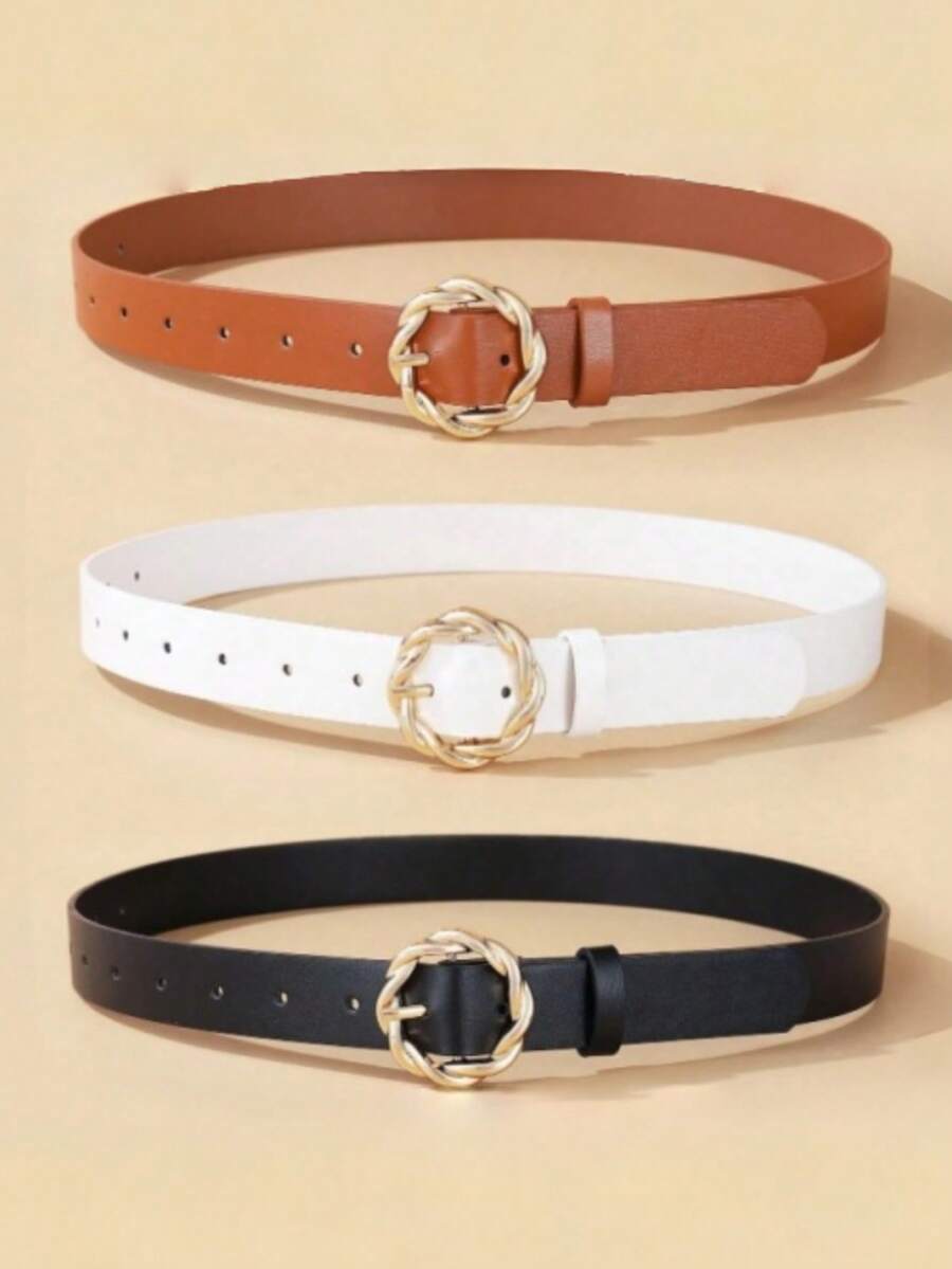 2个金色旋转圆形腰带扣不对称针扣PU皮革腰带宽腰带圆形扣 - 彩色 - 查看 1