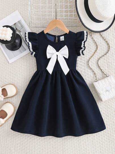 Girls' Fashion Minimalist Summer Casual Vacation Dress, White Bow Collar Ruffle Trim Cap Sleeve Waisted Dress, Comfortable & Versatile Daily Wear, Elegant Outdoor Style, Suitable For Children, British Style