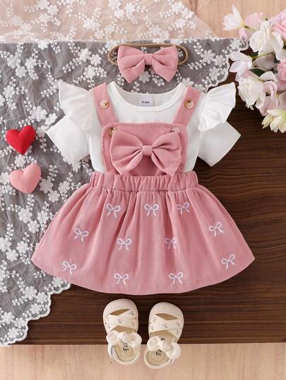 3 件套女婴休闲纯色飘袖 T 恤上衣和蝴蝶结装饰吊带裙（含蝴蝶结头带）套装