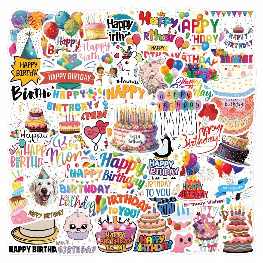 55pcs Cute Happy Birthday Stickers For Teens, Birthday Party Water Bottle Stickers, Cartoon Happy Birthday Stickers, Gifts, Laptop, Notebook, Back To School Essentials - Multicolor - View 1