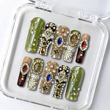 NailLush 10 PCS Handmade Acrylic Square Press-On Nails | Baroque Forest Luxe Style In Olive Green & Nude With 3D Cameo & Rhinestone Embellishments, Opulent Reusable Nail Art For Girls & Women - Lime Green - View 1